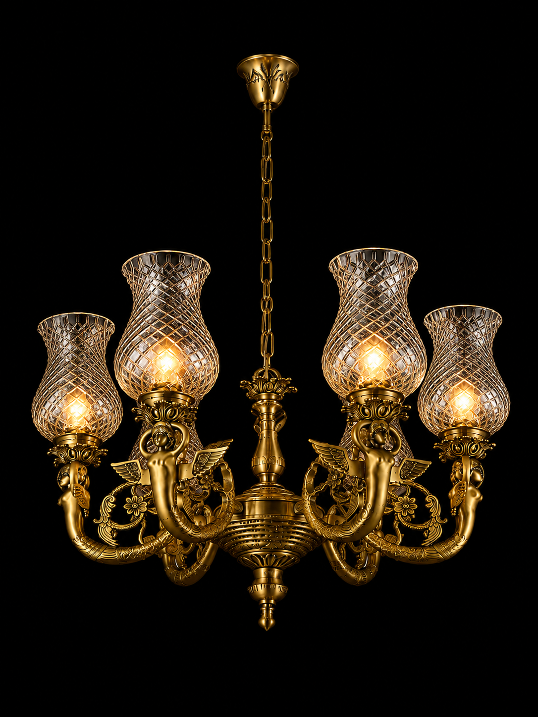 Mayur-Apsara Diamond-Lattice Four-Arm Chandelier · SGE-CH-078 · Samrat Glass Emporium