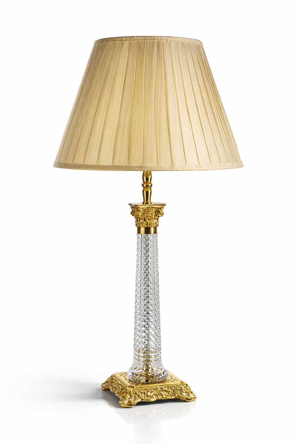 Virāsat Corinthian Lattice-Cut Crystal Table Lamp – Pleated Gold Shade · SGE-TL-060 · Samrat Glass Emporium — view 2