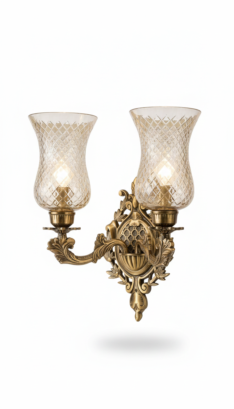 Yugalrekha Diamond-Lattice Clear Glass Twin-Light Antique-Brass Wall Sconce · Wall Light · SGE-WL-111 · Samrat Glass Emporium — view 2
