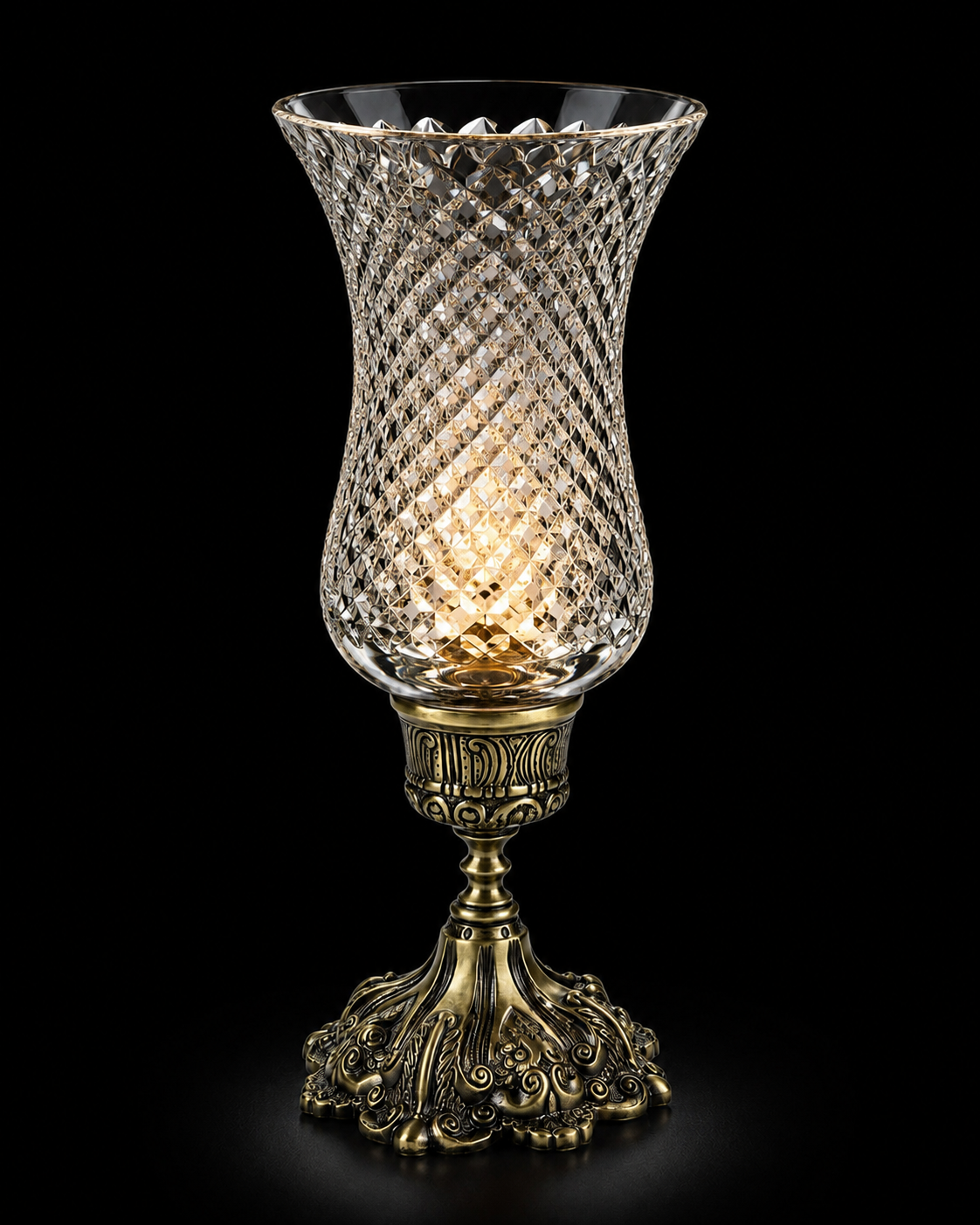 Rajwada Diamond-Lattice Clear-Glass Antique-Brass Table Lamp · SGE-TL-082 · Samrat Glass Emporium