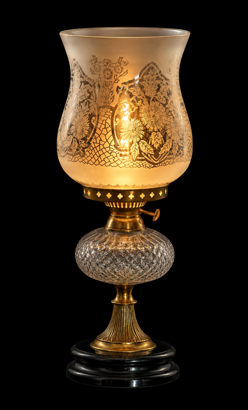 Gulistan Frosted-Clear Floral Hurricane Table Lamp with Diamond Reservoir