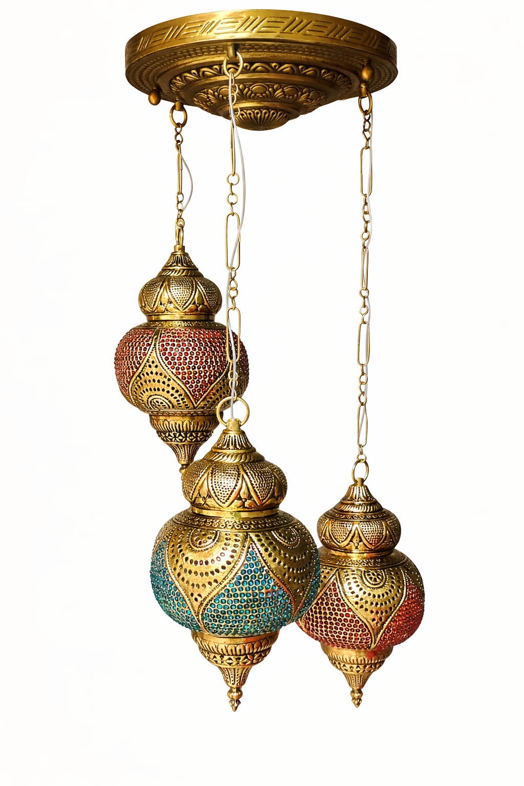 Mehrab Pierced-Metal Globe Hanging Light — Multicolour Triple Cluster · SGE-HL-027 · Samrat Glass Emporium — view 2