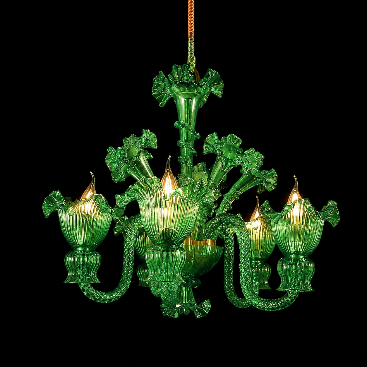 Gulzar Emerald-Green Floral-Glass Five-Light Chandelier