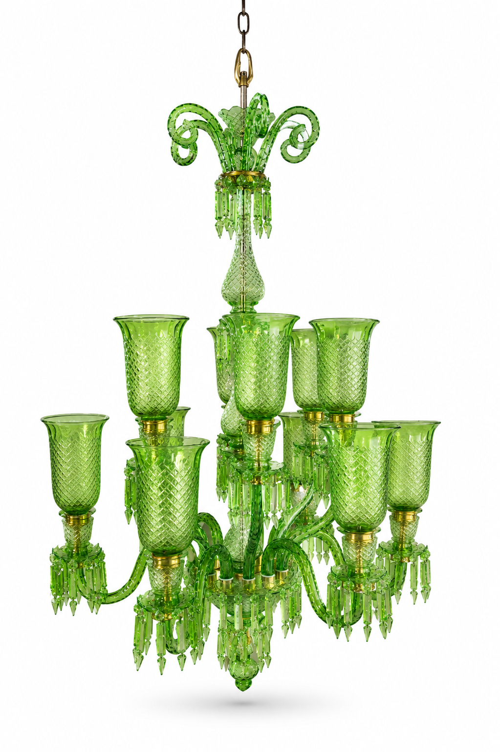 Meher Diamond-Cut Tulip Grand Chandelier — 12-Light Emerald Green, Two-Tier · SGE-CH-120 · Samrat Glass Emporium — view 2