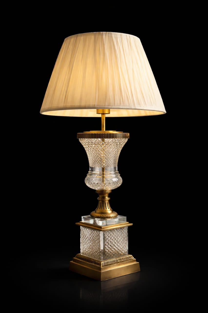 Takht Square-Pedestal Cut-Glass Table Lamp with Pleated Shade