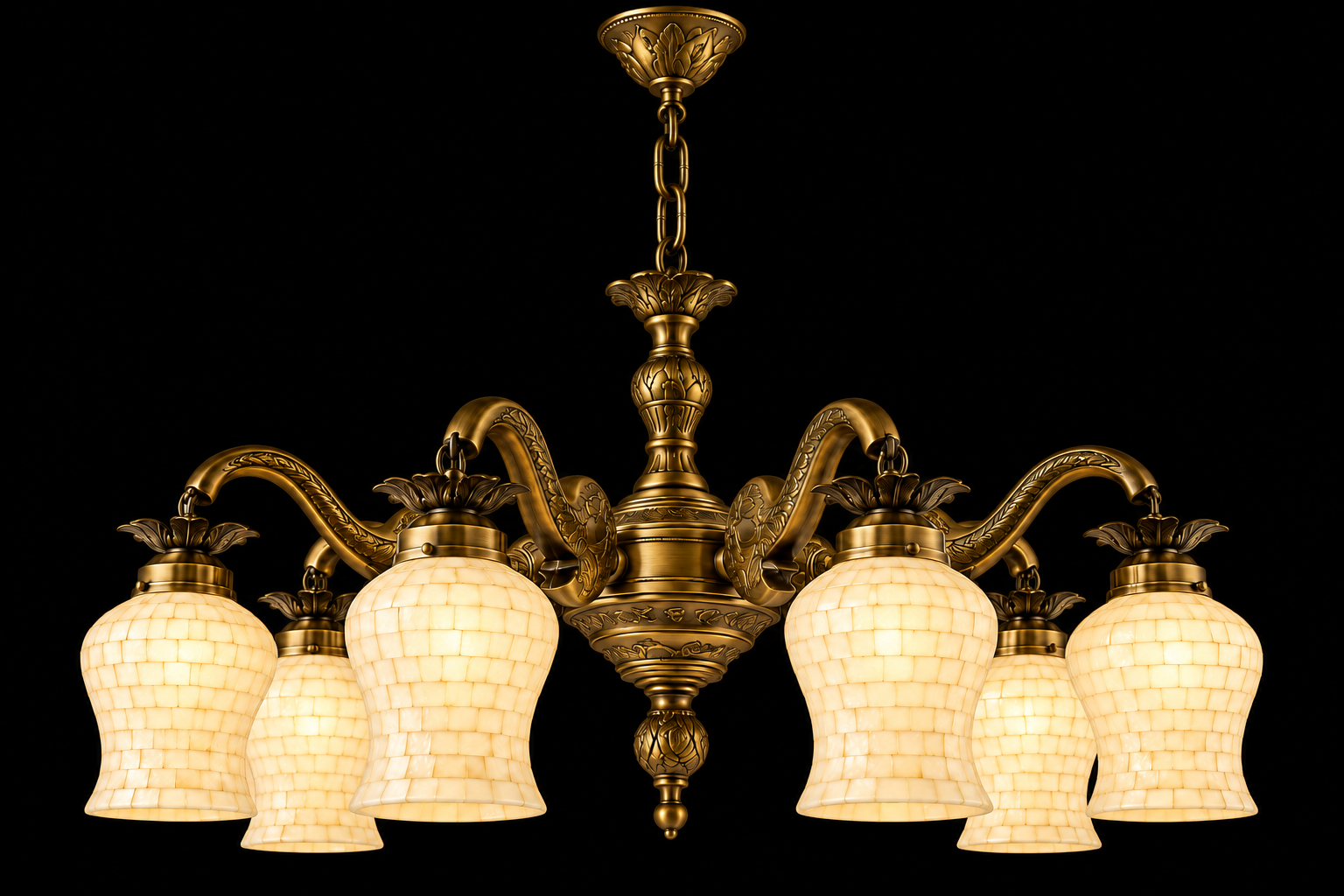 Gajmahal Ivory-Mosaic Glass Six-Light Elephant-Arm Chandelier · SGE-CH-150 · Samrat Glass Emporium