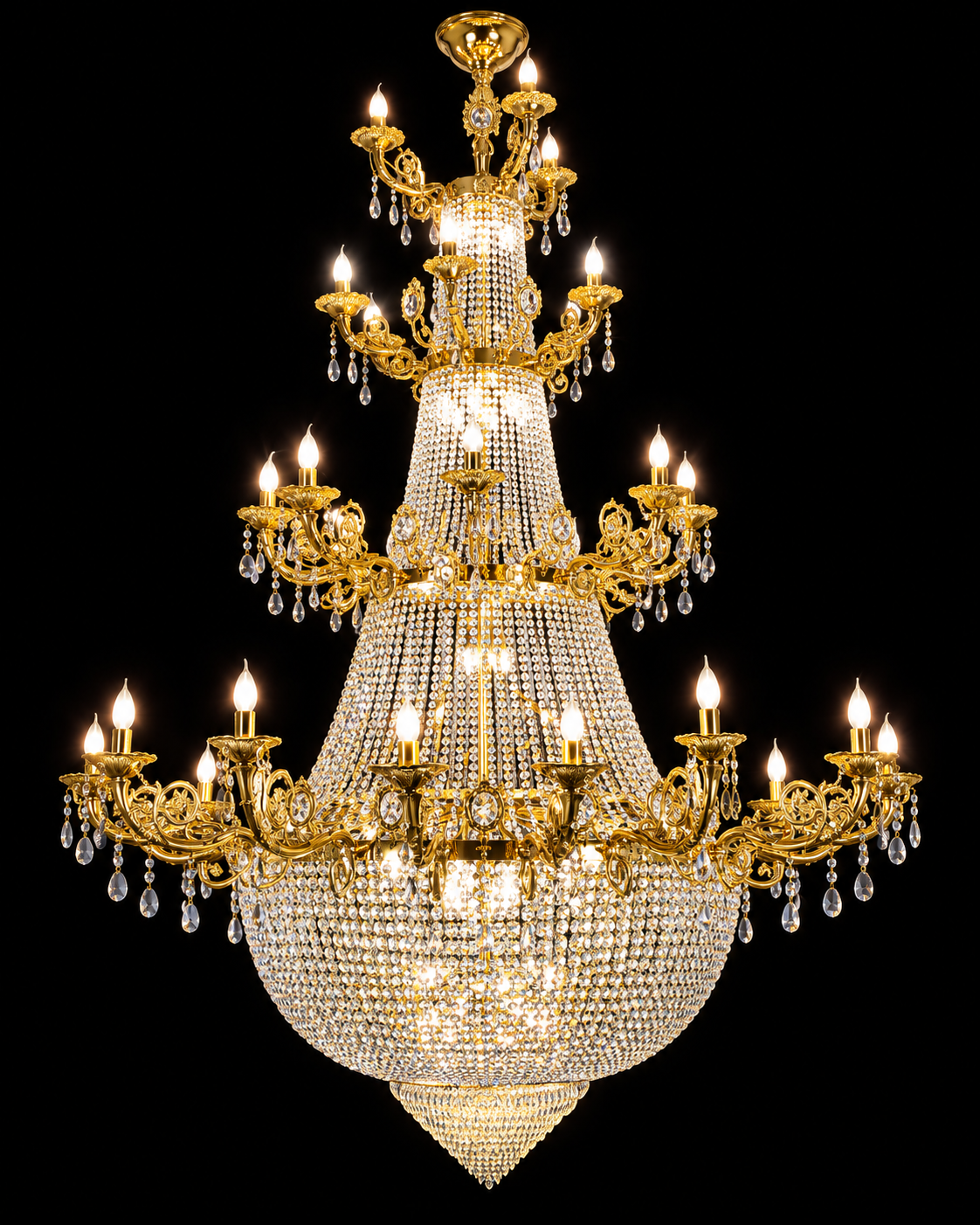 Samrajya Grand Multi-Tier 110-Light Empire-Basket Crystal Candle-Arm Chandelier · SGE-CH-154 · Samrat Glass Emporium