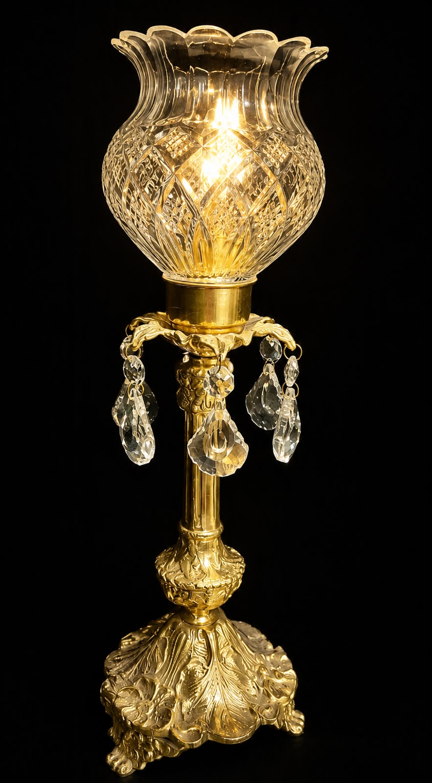 Rajmahal Crystal-Drop Pedestal Table Lamp — Scalloped Lotus Shade