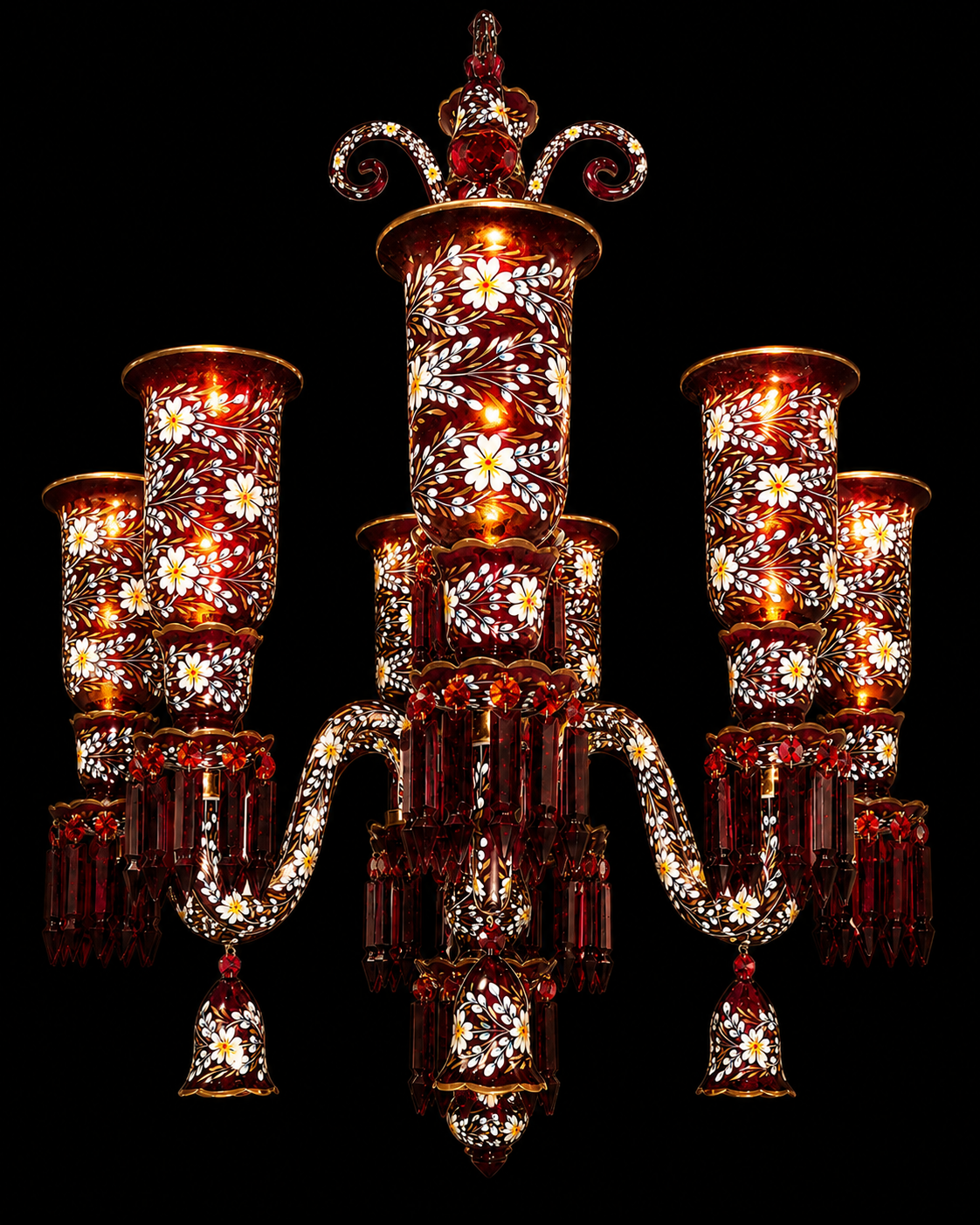Gulnaqqashi Ruby-Red Hand-Painted Floral-Glass Eight-Light Chandelier