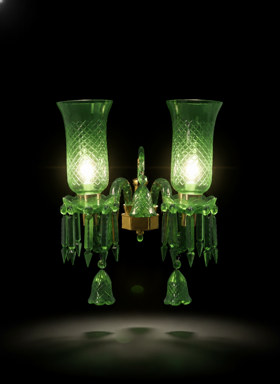 Meher Diamond-Cut Tulip Twin-Light Crystal Wall Sconce — Pistachio Green · Wall Light · SGE-WL-072 · Samrat Glass Emporium