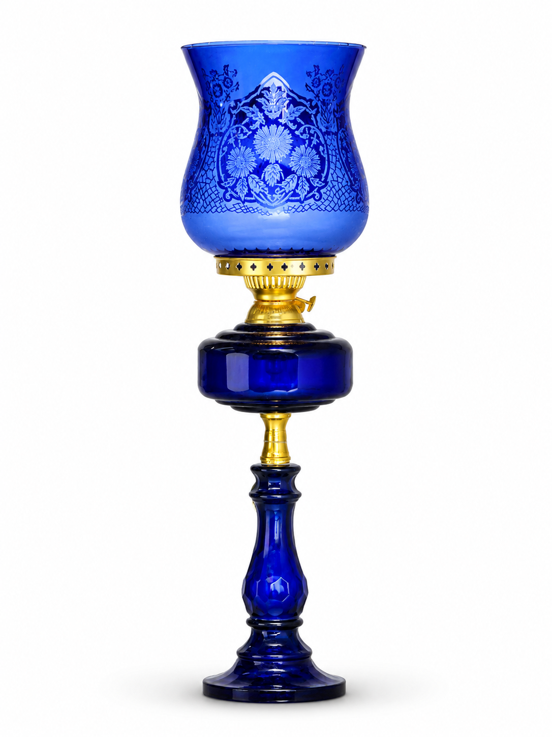 Gulbahar Etched Floral Hurricane Table Lamp — Cobalt Blue · SGE-TL-071 · Samrat Glass Emporium — view 2