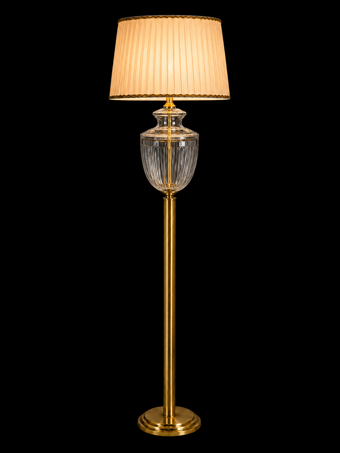 Sunehri Kalash Flute-Cut Glass Floor Lamp — Pleated Ivory Shade
