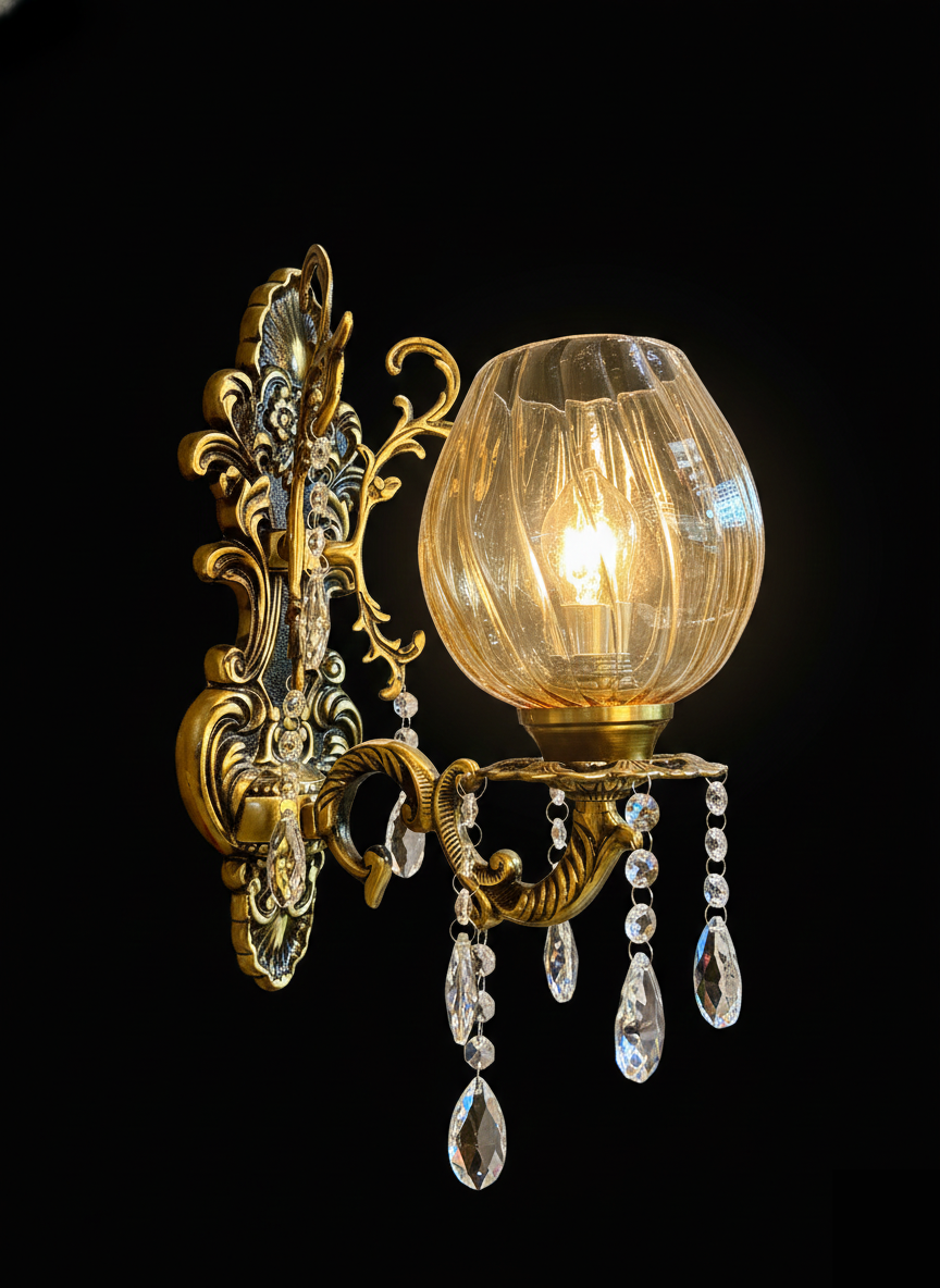 Rajprabha Amber Ribbed Glass Crystal-Drop Wall Lamp
