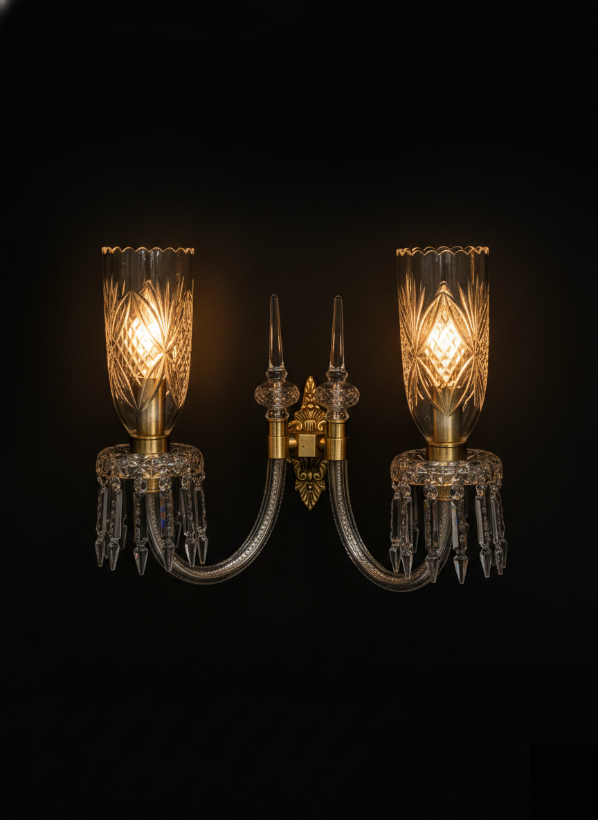 Noorvastra Scalloped Etched-Tulip Twin-Light Crystal Wall Sconce — Crown Crest · Wall Light · SGE-WL-049 · Samrat Glass Emporium