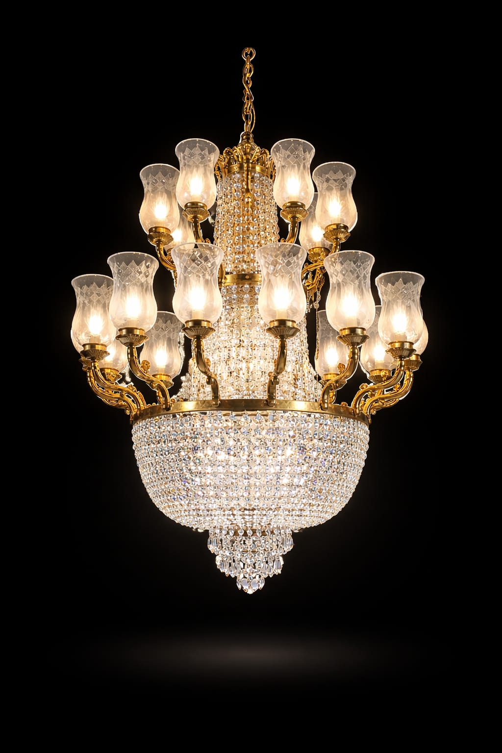 Sheeshmahal Crystal Basket Chandelier — Two-Tier Frosted Tulip · SGE-CH-046 · Samrat Glass Emporium