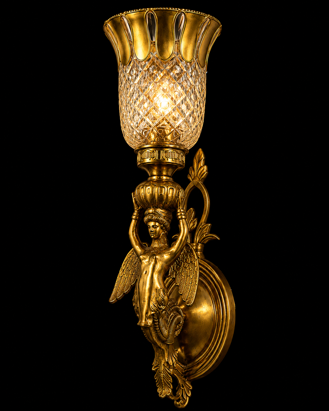 Kalashdhari Sculpted Winged Maiden Crown-Cut Glass Wall Sconce · Wall Light · SGE-WL-121 · Samrat Glass Emporium