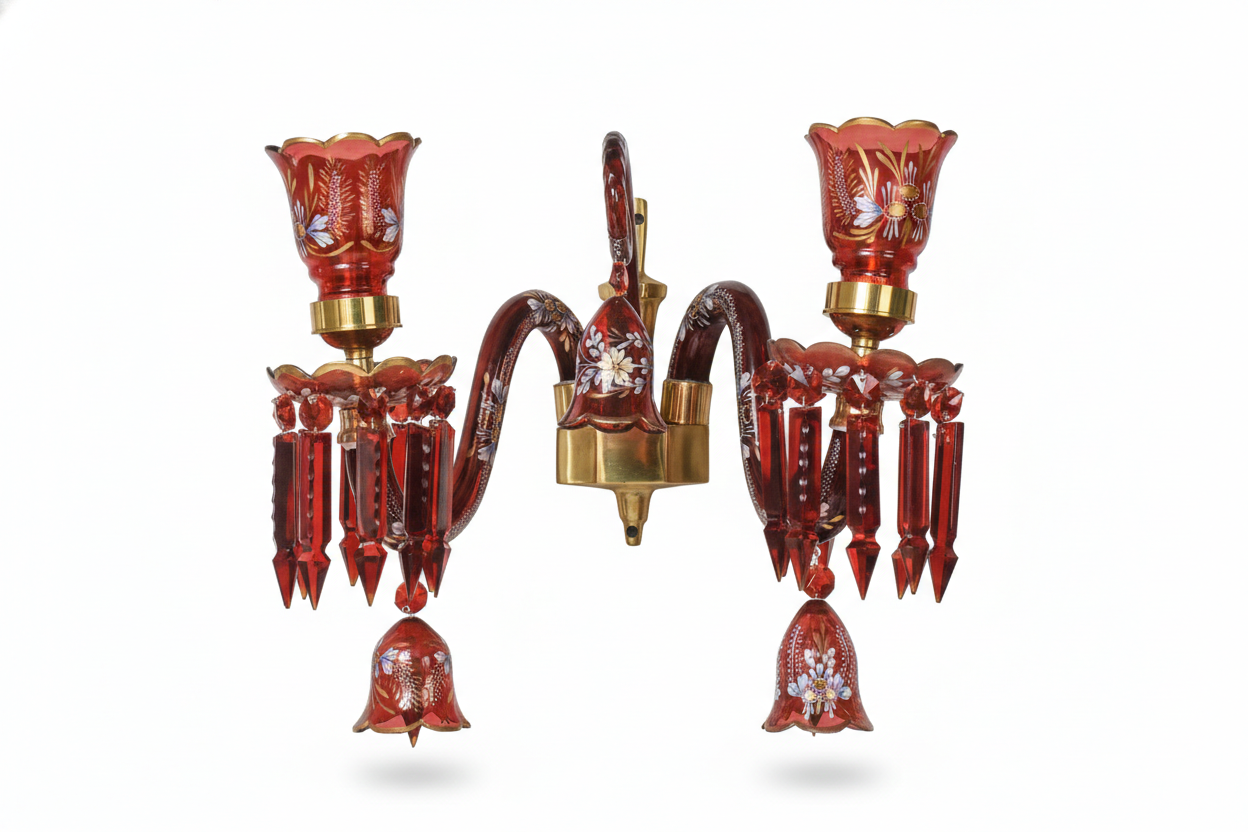 Gulbahar Hand-Painted Ruby Glass Two-Light Crystal-Drop Wall Sconce · Wall Light · SGE-WL-107 · Samrat Glass Emporium — view 2