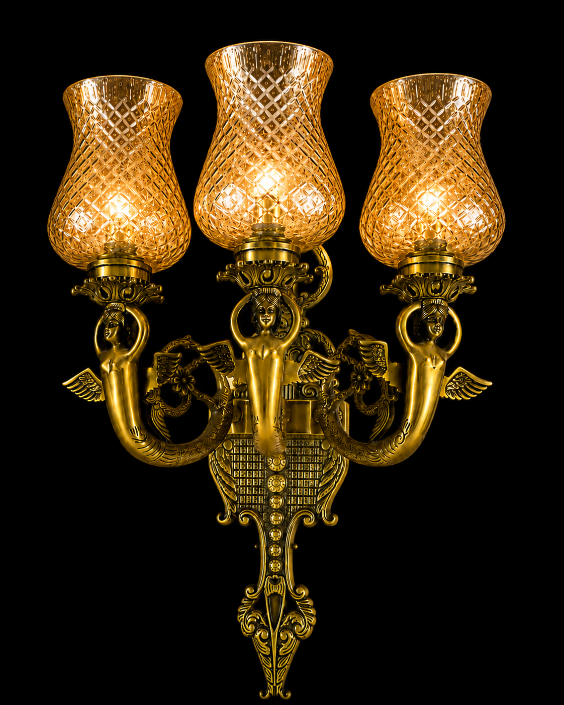 Devangana Sculpted Maiden-Arm Diamond-Lattice Glass Three-Light Wall Sconce