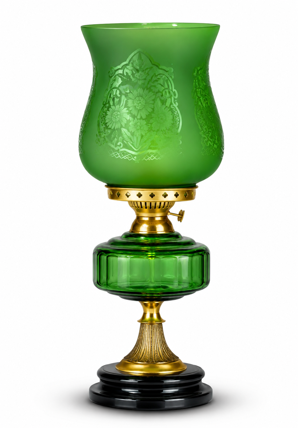 Gulbagh Floral-Etched Hurricane Table Lamp — Emerald Green · SGE-TL-024 · Samrat Glass Emporium — view 2