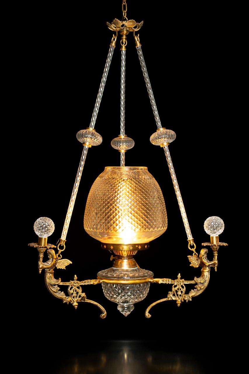 Cherub Motif Diamond-Cut Glass Hanging Light — Twin Side Lights · SGE-HL-036 · Samrat Glass Emporium