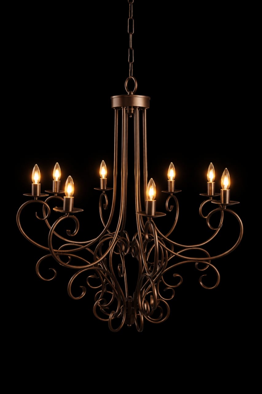 Kundal Scrollwork Eight-Light Antique Bronze Chandelier · SGE-CH-031 · Samrat Glass Emporium