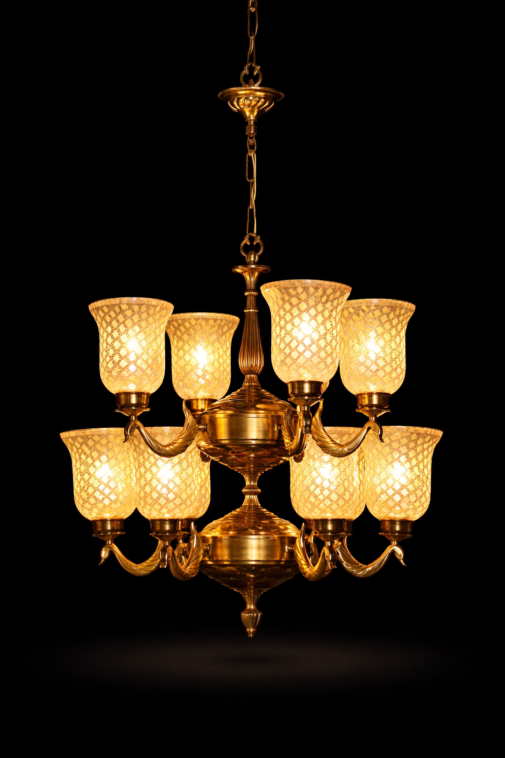 Jaalprabha Diamond-Lattice Mosaic Glass Two-Tier Twelve-Light Chandelier