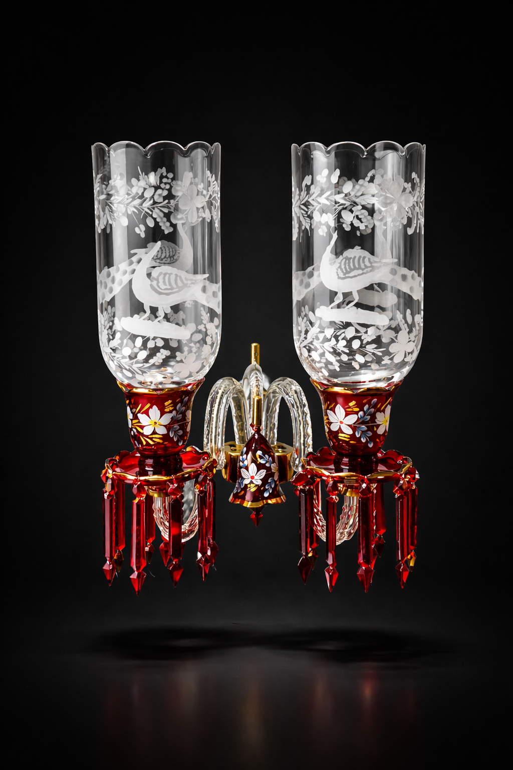 Mayurvan Etched-Peacock Ruby Glass Two-Light Wall Sconce · Wall Light · SGE-WL-106 · Samrat Glass Emporium