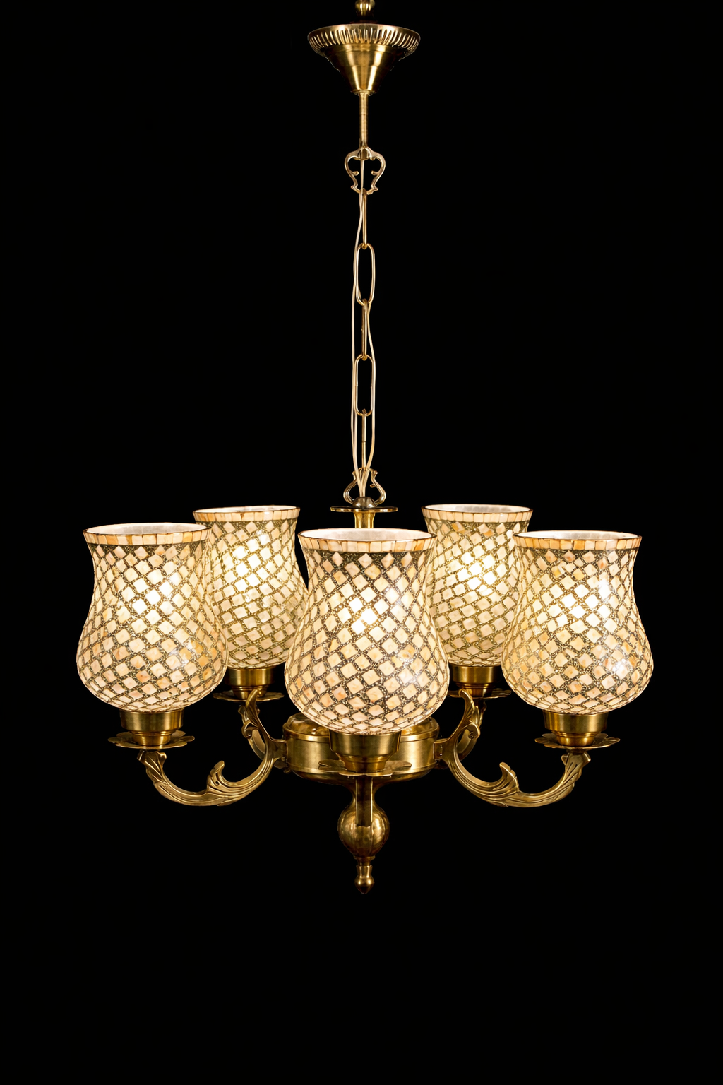 Tarangrekha Brass-Band Ivory Mosaic Glass Five-Light Chandelier