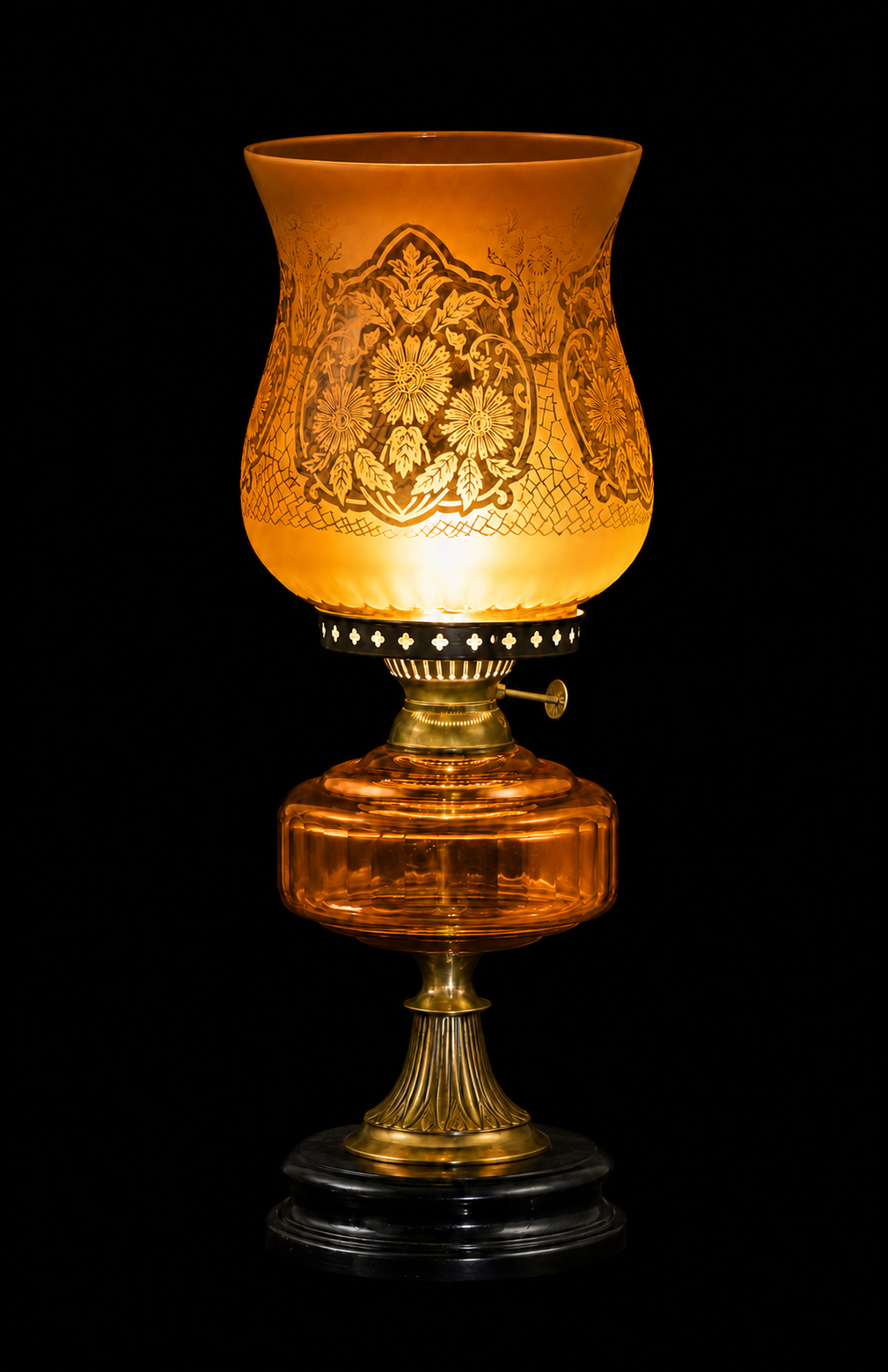 Gulbagh Floral-Etched Hurricane Table Lamp — Amber Gold