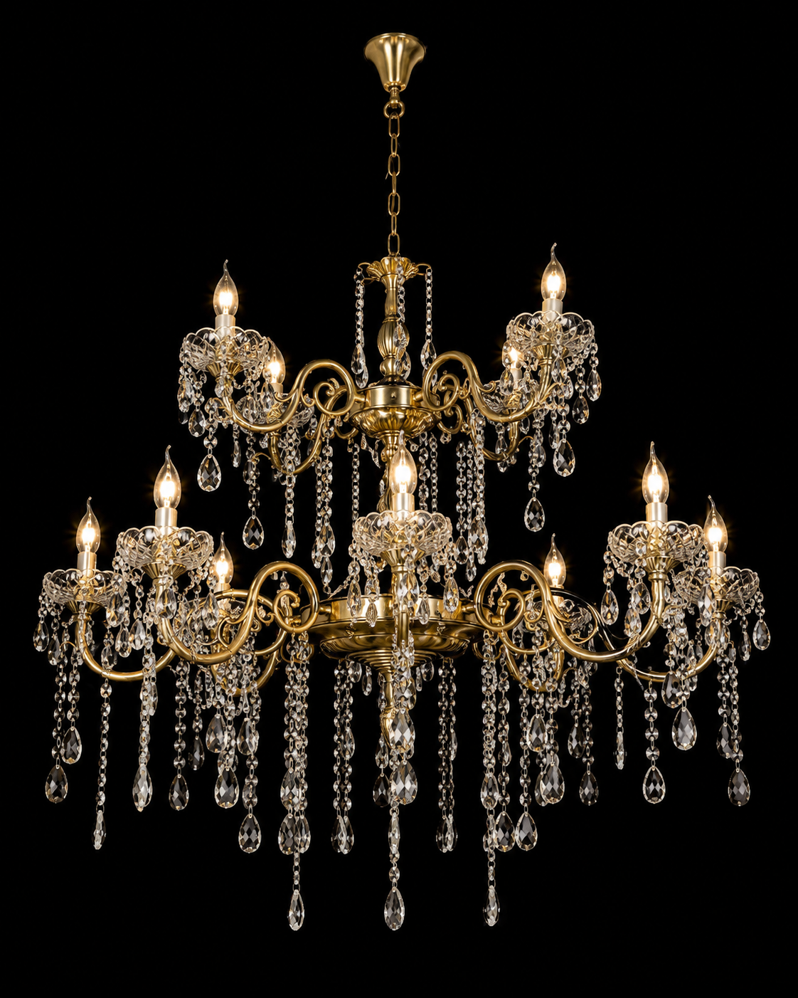 Rajdarbar Crystal-Draped Two-Tier Antique Gold Chandelier — Twelve-Light