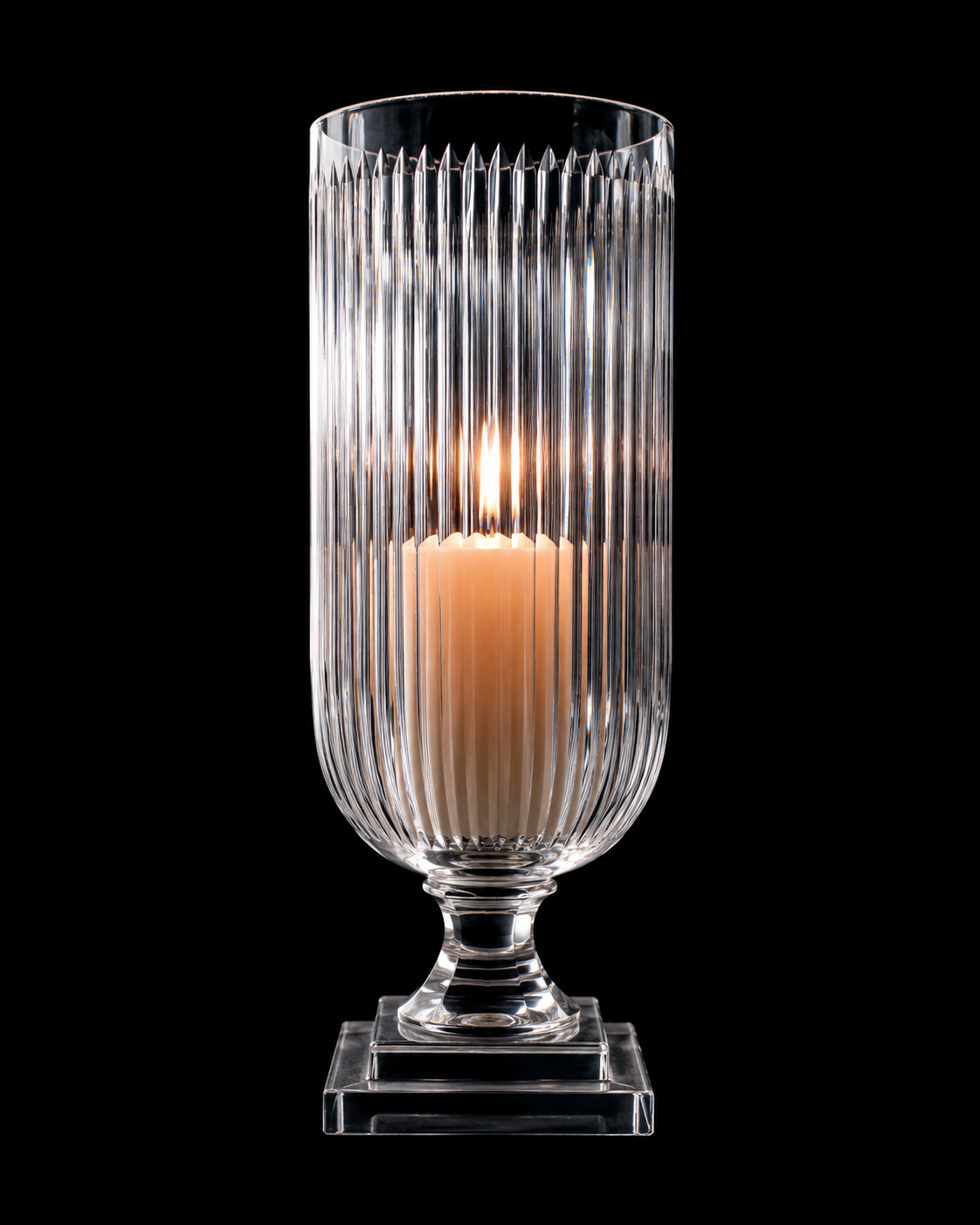 Prismastambh Vertically-Fluted Clear Glass Hurricane Candle Stand