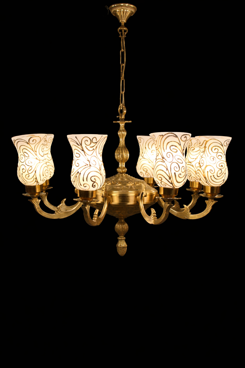Tarangrekha Gold-Scroll Frosted Glass Eight-Light Chandelier
