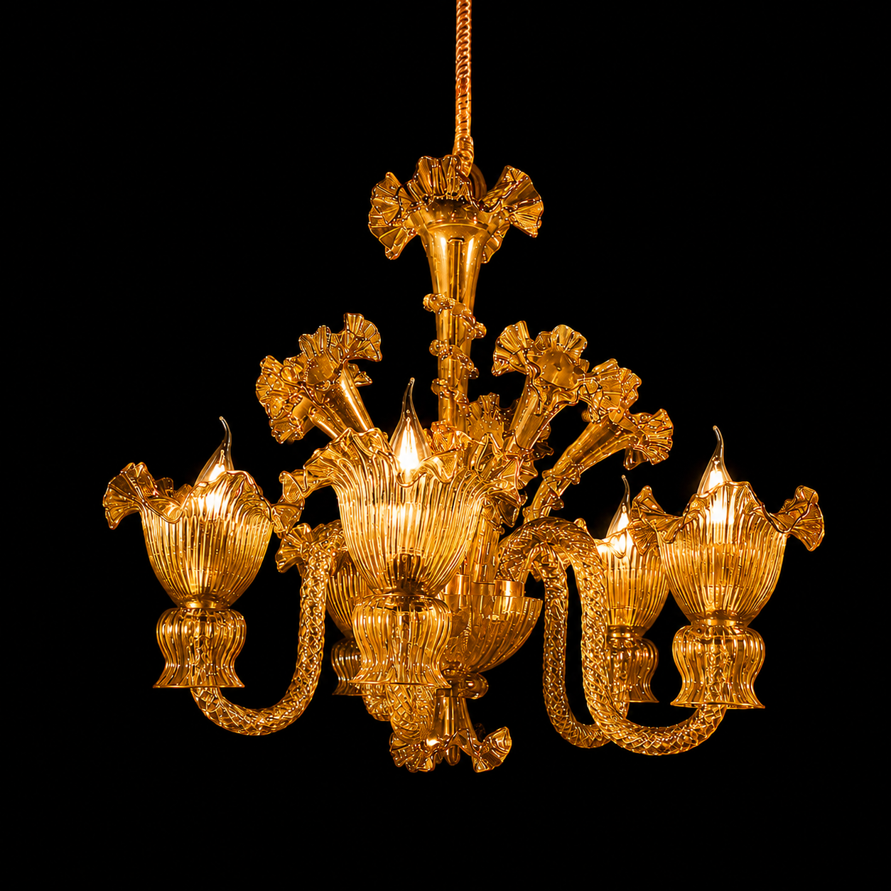 Gulzar Amber-Gold Floral-Glass Five-Light Chandelier