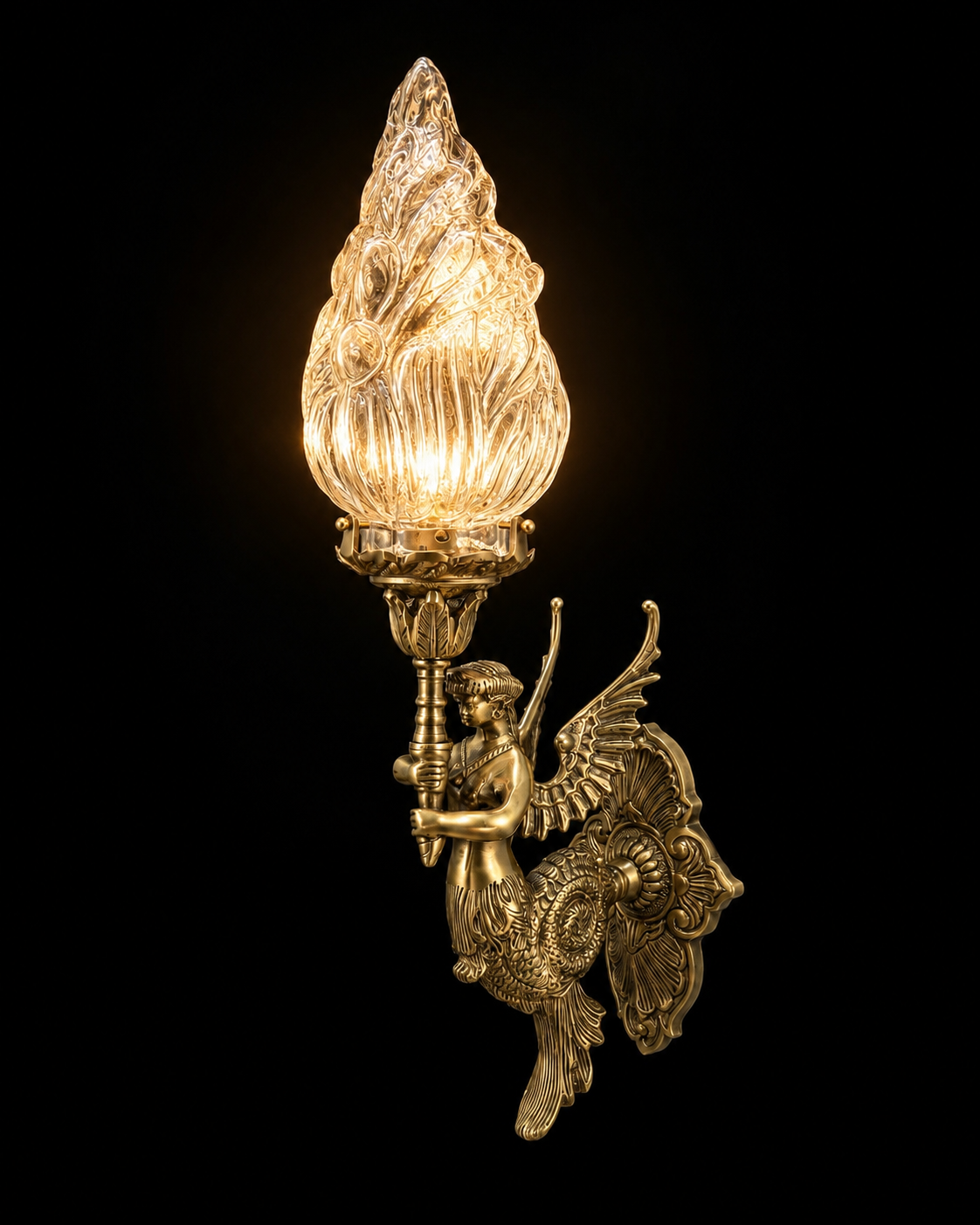 Apsarajyoti Sculpted Winged Maiden Flame-Glass Wall Sconce