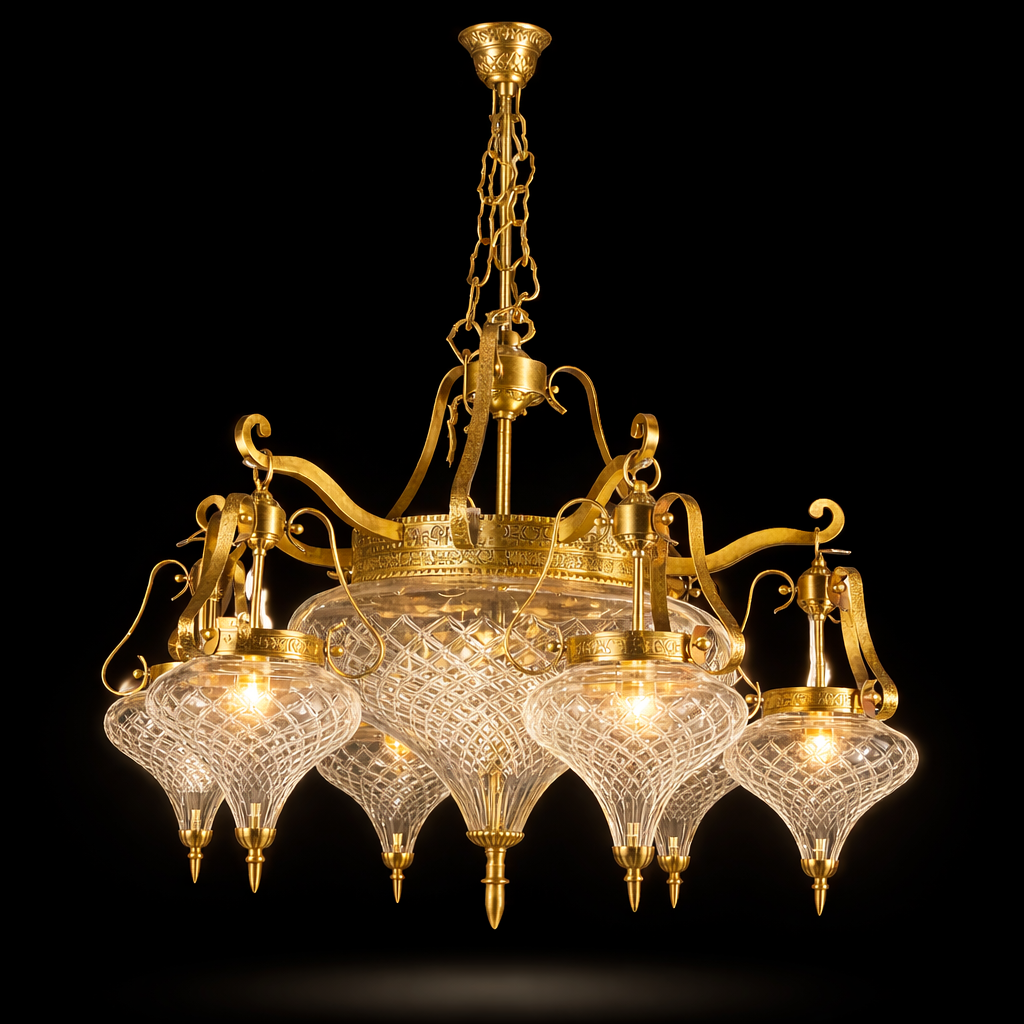 Shankh Diamond-Cut Glass Chandelier — Seven-Light Grand Scroll