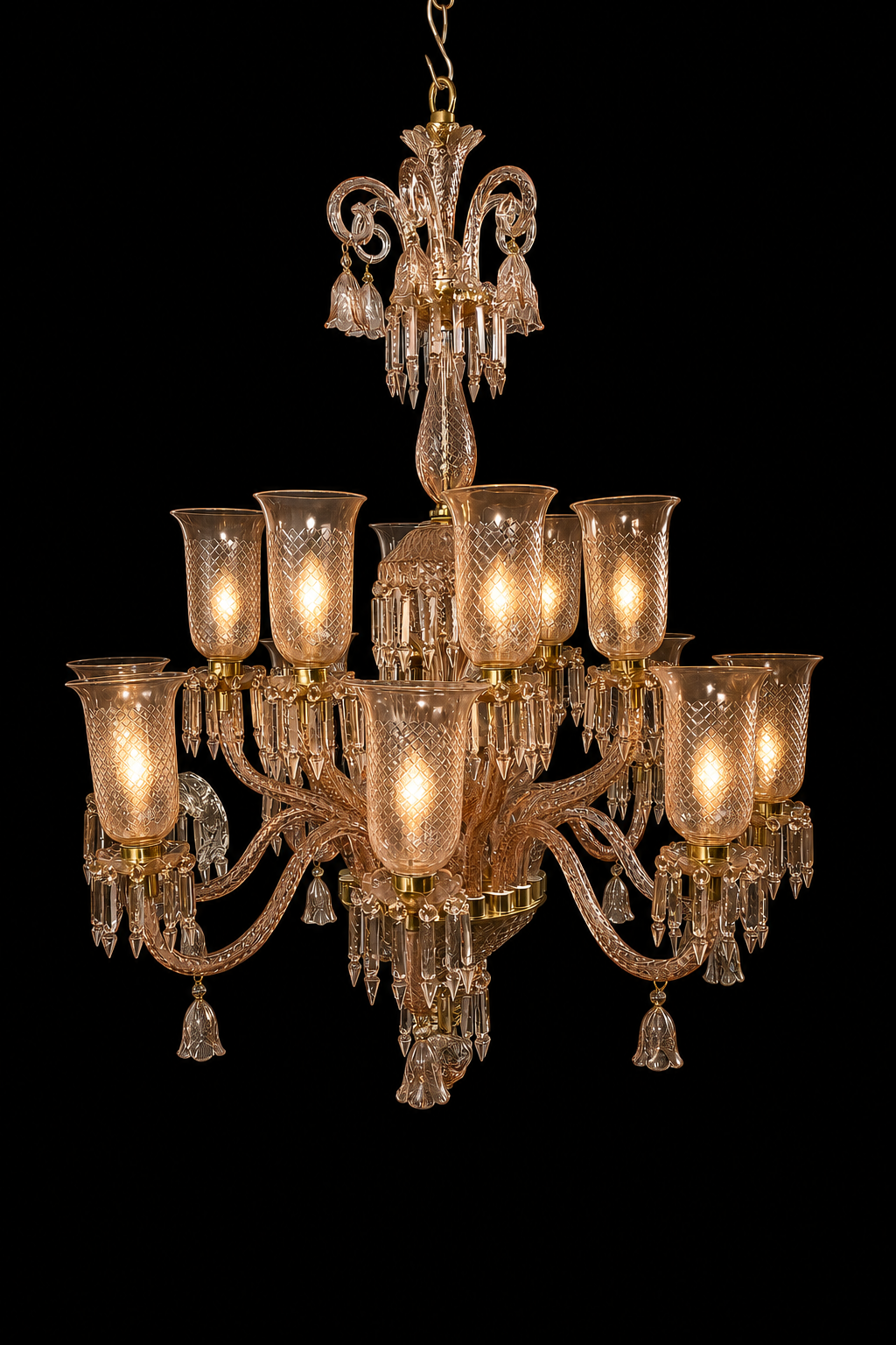 Meher Diamond-Cut Tulip Grand Chandelier — 16-Light Rose Pink, Two-Tier