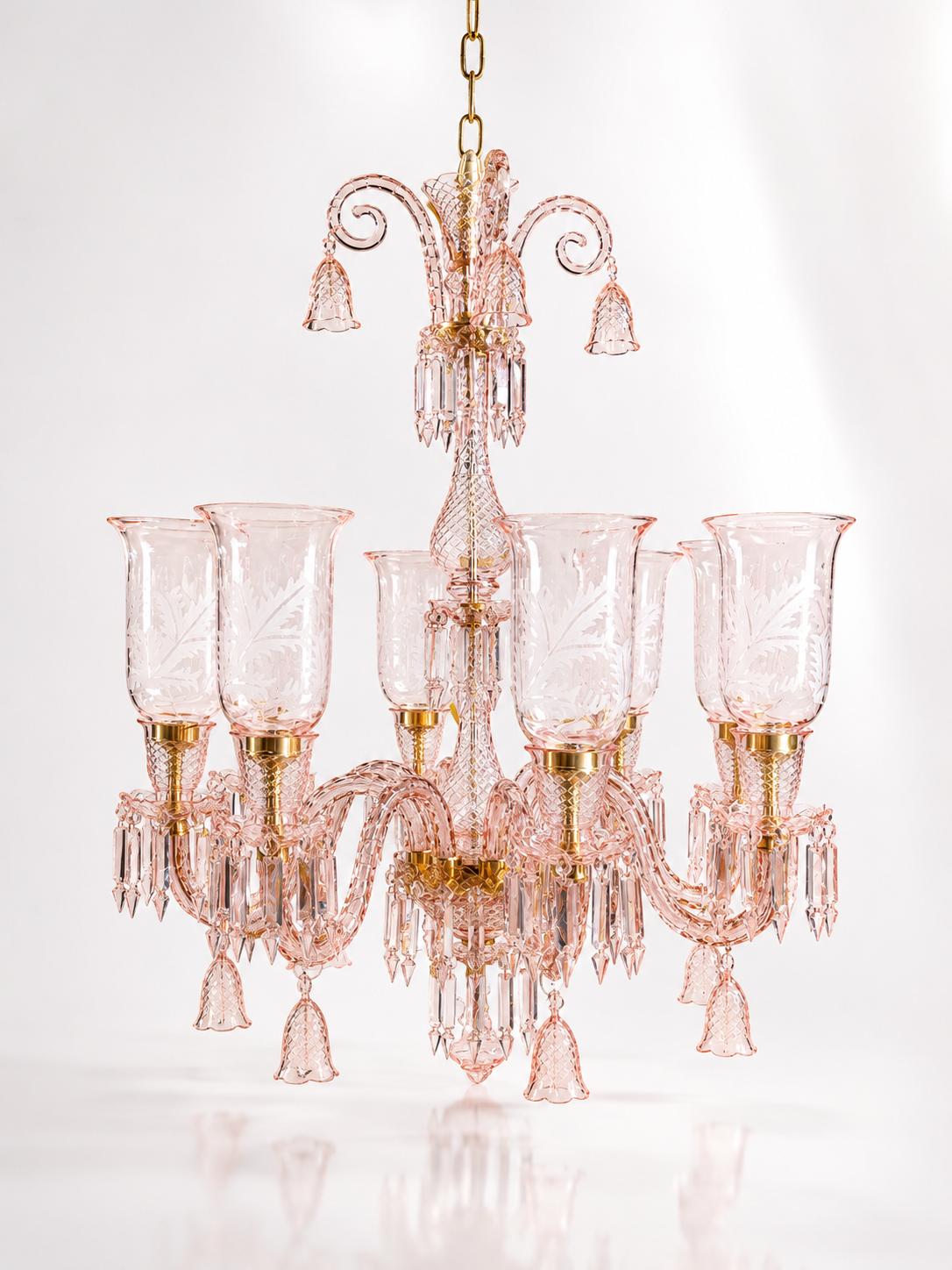 Afsana Etched Leaf Tulip Grand Chandelier — 8-Light Rose Pink · SGE-CH-082 · Samrat Glass Emporium — view 2