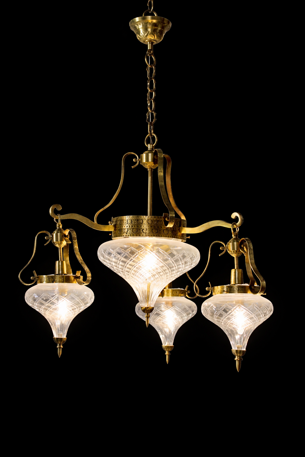 Shankh Diamond-Cut Glass Chandelier — Four-Light Compact Scroll