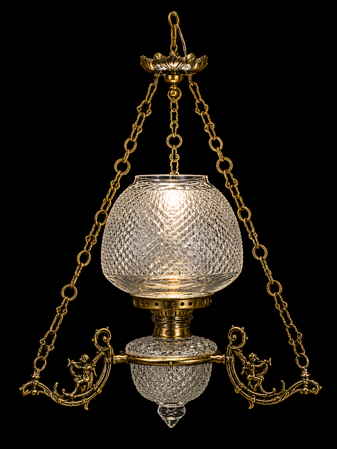 Cherub Motif Diamond-Cut Glass Hanging Light — Triple-Chain Twin Scroll