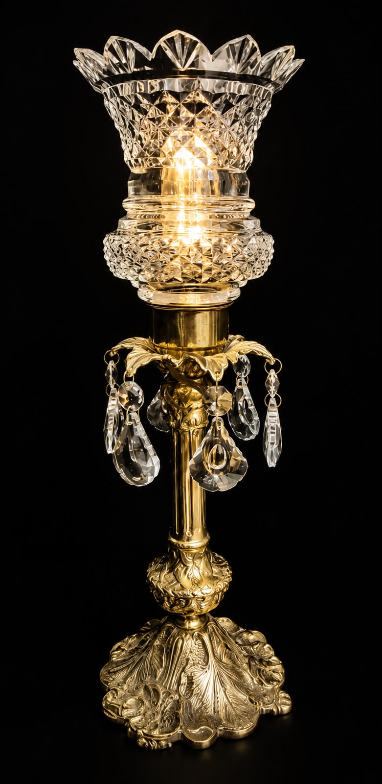 Rajmahal Crystal-Drop Pedestal Table Lamp — Crown-Cut Double-Bowl Shade