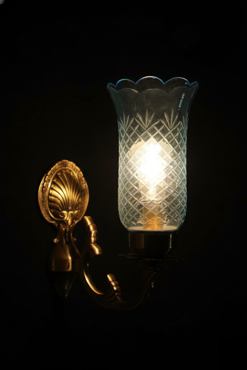 Tarangrekha Diamond-Lattice Ice-Blue Glass Single-Light Shell-Back Wall Sconce