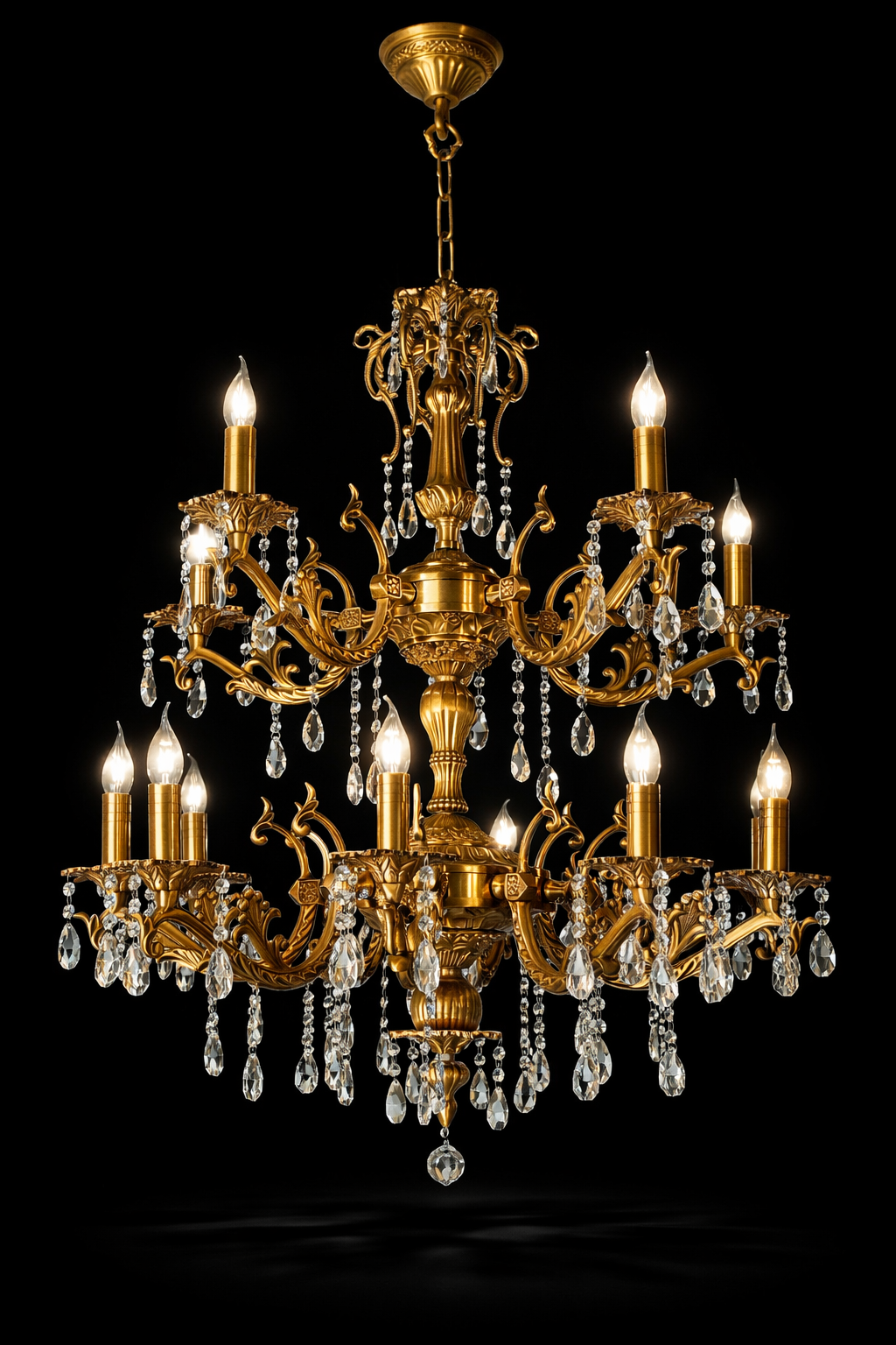 Rajdarbar Acanthus-Scroll Crystal Two-Tier Antique Gold Chandelier