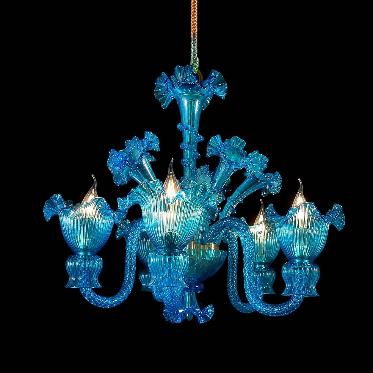 Gulzar Blue Floral-Glass Five-Light Chandelier