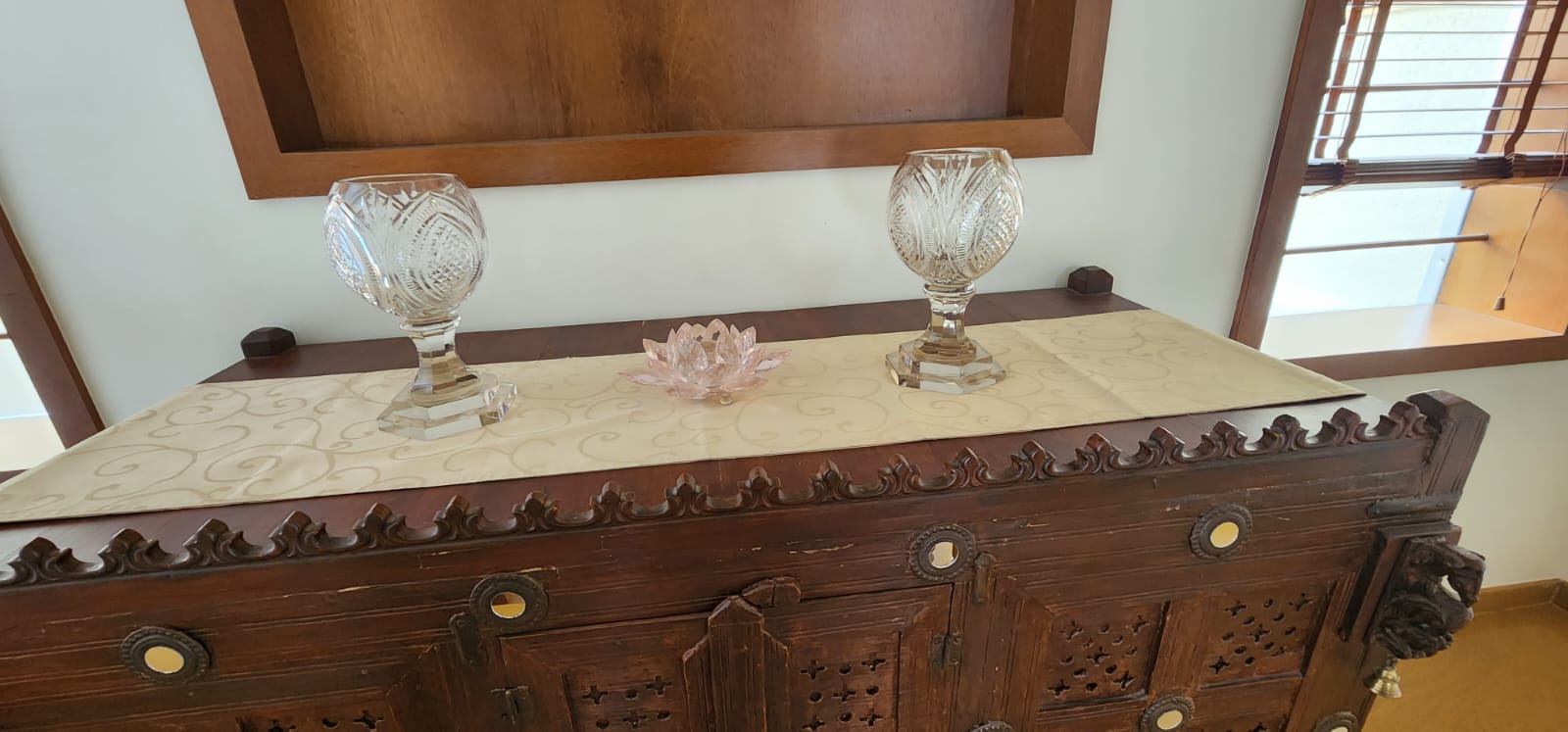 Diamond Crest Clear Cut-Glass Candle Stands — Rajkot Private Residence · Rajkot, Gujarat · Samrat Glass Emporium