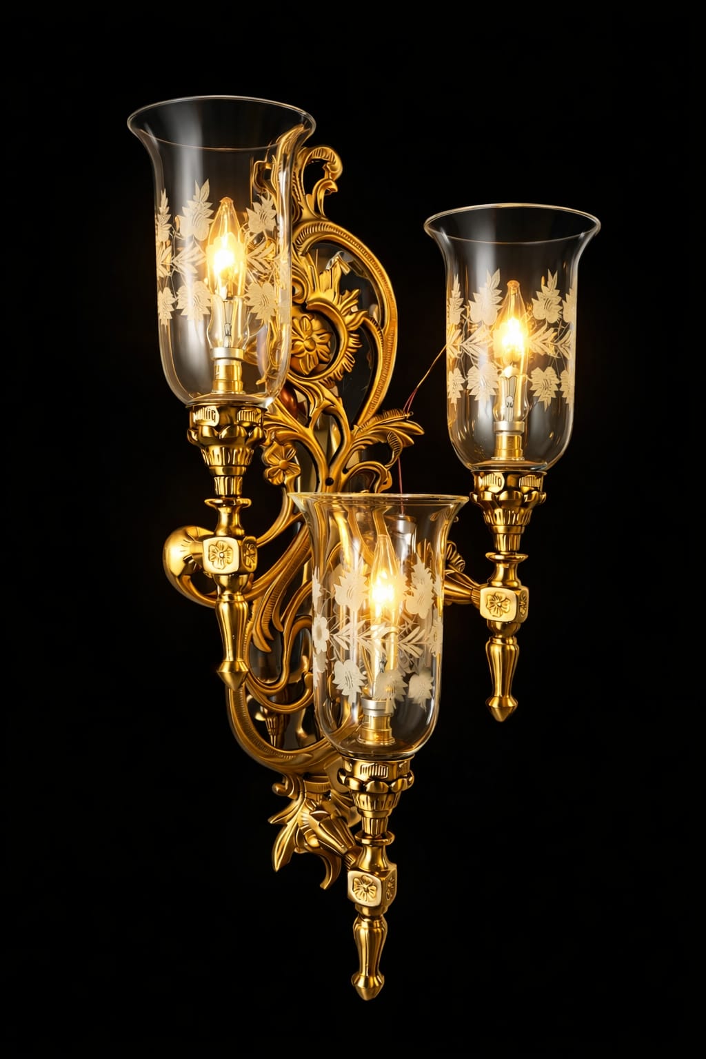 Etched Blossom Three-Light Wall Sconce · Wall Light · SGE-WL-003 · Samrat Glass Emporium