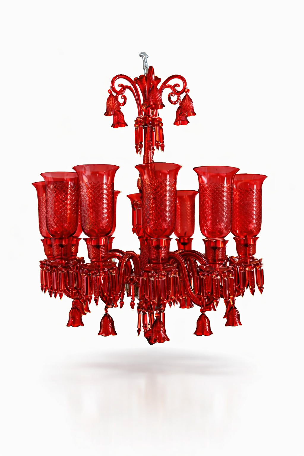 Meher Diamond-Cut Tulip Grand Chandelier — 12-Light Ruby Red · SGE-CH-084 · Samrat Glass Emporium — view 2