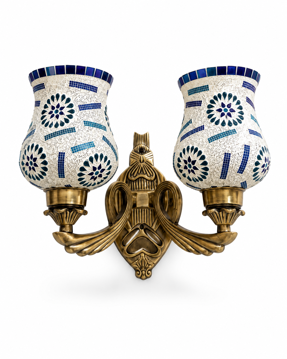 Dvipankh Sculpted Wing-Loop Twin-Arm Two-Light Antique-Brass Wall Sconce — Blue-Green Floral Mosaic Glass · Wall Light · SGE-WL-116 · Samrat Glass Emporium — view 2