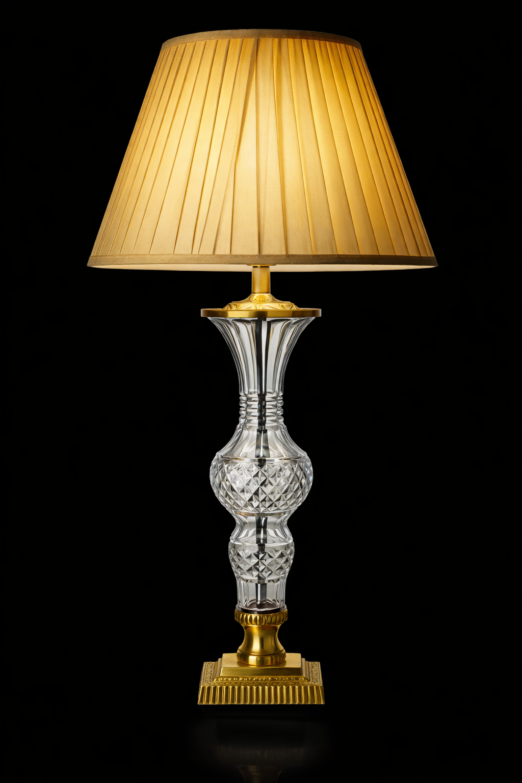 Ratnadeep Diamond-Cut Crystal Baluster Table Lamp – Pleated Gold Shade