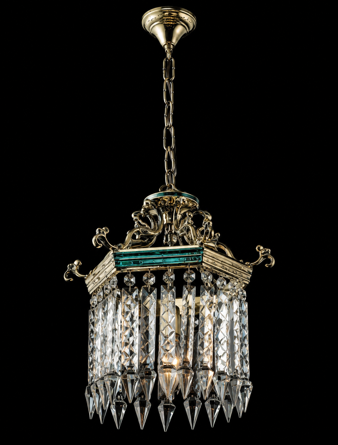 Mehrab Square Scrollwork Crystal Hanging Lantern — Silver-Teal — Small