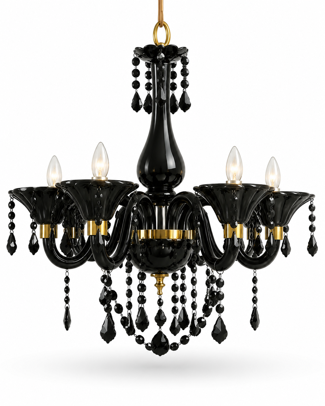 Shyamratna Black-Glass Six-Light Crystal-Draped Chandelier — Gold Accents · SGE-CH-101 · Samrat Glass Emporium — view 2